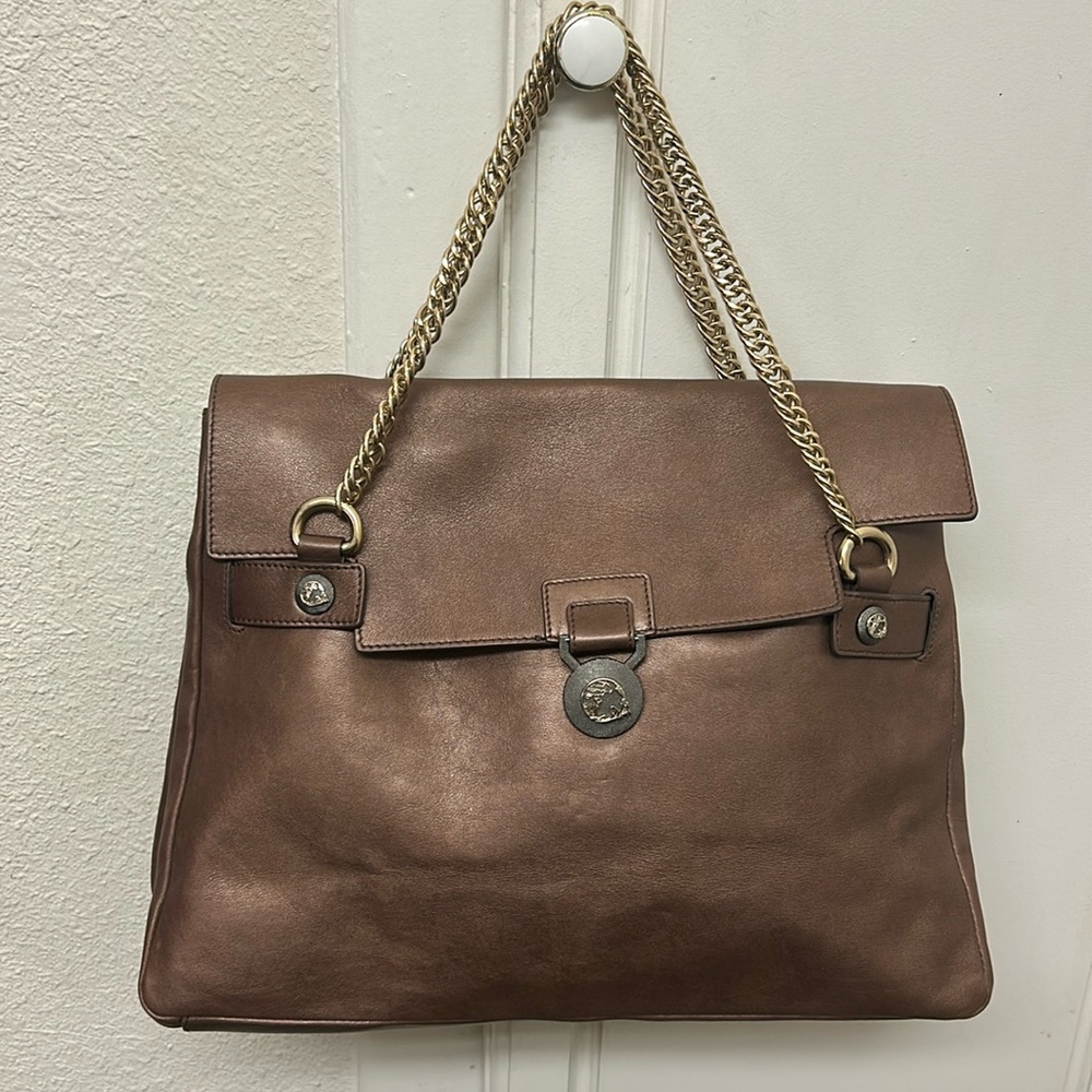 Versace Leather Tote Purse Large Brown Gold Detail